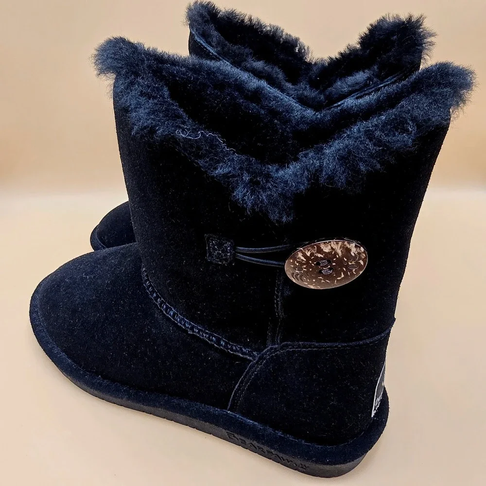 Bearpaw Rosie Black Suede Sheepskin Wool Fur Button Boots 1653W Womens 9